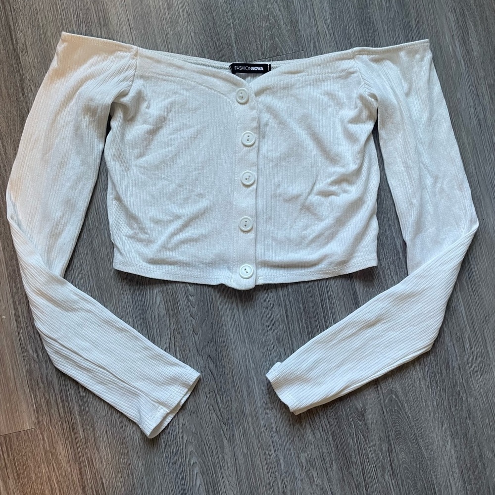 Off-Shoulder White Ribbed Top - Picture 2 of 3